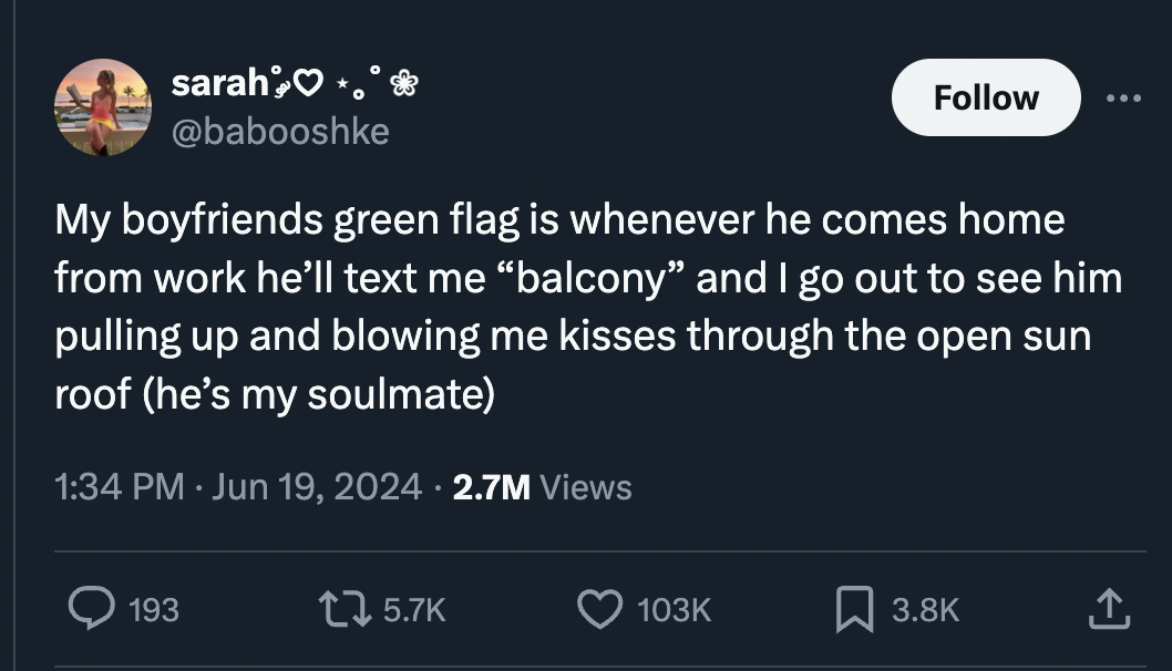 screenshot - sarah My boyfriends green flag is whenever he comes home from work he'll text me "balcony" and I go out to see him pulling up and blowing me kisses through the open sun roof he's my soulmate 2.7M Views 193 1